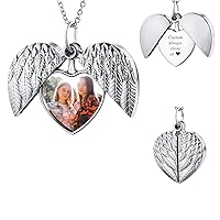 Personalized Photo Locket Sunflower Necklace Engraved Hidden Message Angel Wings Heart Pendant Stainless Steel Alloy Sunshine Gifts for Girlfriend Mom Daughter Sister Memorial Jewelry