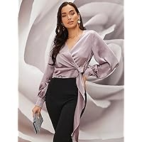 Womens Summer Tops Knot Front Wrap Satin Top (Color : Dusty Purple, Size : X-Small)