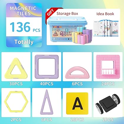 Magnetic Tiles Building Blocks Toys for Kids, 136 Pieces 3D Creative Castle Construction Magnetic Stacking Set Preschool Intelligence STEM Toys for Girls Boys Age 3years and Up (Macaron Color)