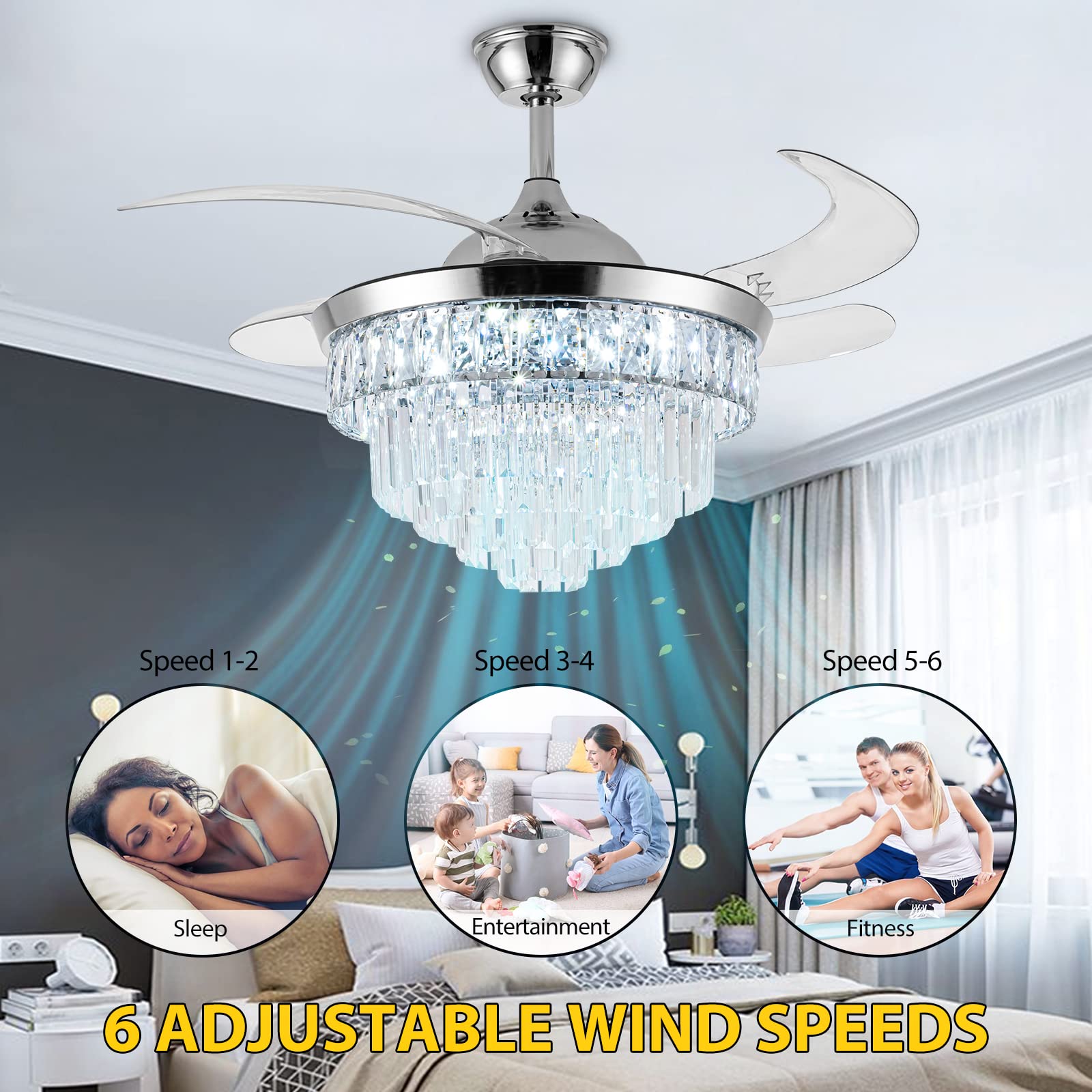 SHINLEYPACK Crystal Ceiling Fan with Light,42 Inch Dimmable Crystal Fandelier, Modern Retractable Ceiling Fan 6 Speeds Indoor Chandelier Fan for Bedroom Living Room Dining Room