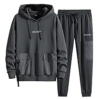 Autumn Multi-Pockets Plus Size Tracksuit Men Streetwear Black Gray Pullover Hoodie+Pants 2 Piece Set Men Sporting Suits