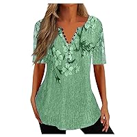 Women's 2023 Summer ButtonVintage Blouse Gradient Print Short Sleeve Pullover Tops Casual Basic Shirt T Shirts