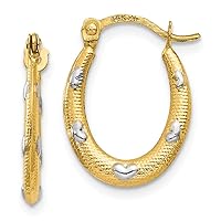 14K Yellow Gold w/Rhodium Textured Hollow Oval w/Hearts Hoop Earrings