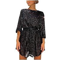 Womens Cocktail Dresses 2023 Long Sleeve Straight Sequin Glitter Dress Party Sequin Beaded Dress New Years Eve Dress