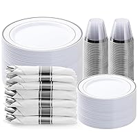 350PCS Silver Plastic Dinnerware Set, Disposable Party Plates for 50 Guests, Include: 100 Plastic Plates, 50 Pre Rolled Napkins with Silver Silverware, 50 Cups
