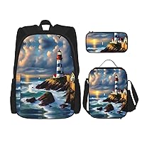 Lighthouse Diamond Paint Print 3 In 1 Set With Lunch Box Pencil Bag Casual Backpack Set For Gym Beach Travel