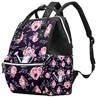 Painted Pink Flowers Pattern Black Diaper Bag Travel Mom Bags Nappy Backpack Large Capacity for Baby Care