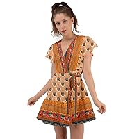 CowCow Womens Feathers Aztec Print Floral Flowers Summer Sexy Flutter Sleeve Wrap Dress, XS-3XL