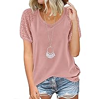 MEROKEETY Women's Summer Lace Short Sleeve V Neck Tops Shirt Loose Casual Waffle Tee Blouse