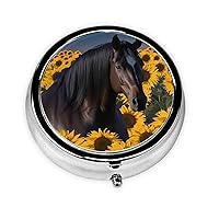 Dark Horse Under The Sunflowers Print Round Pill Box 3 Compartment Portable Mini Pill Case Metal Pill Organizer Pill Container for Pocket Purse Office Travel