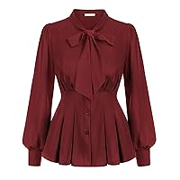 Belle Poque Women's Bow Tie Neck Ruffle Long Sleeves Casual Business Solid Blouse Shirts Tops