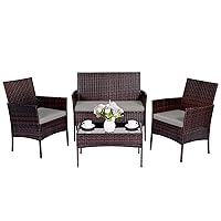 Patio Furniture Set,4 Piece Garden Conversation Set, Outdoor Wicker Rattan Table and Chairs, Black Patio Set, Sectional Sofa with Thick Cushion for Garden, Yard, or Porch (Brown/Grey)…