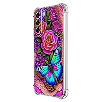 Galaxy S21 FE 5G Case,Blue Butterfly Flowers Rose Drop Protection Shockproof Case TPU Full Body Protective Scratch-Resistant Cover for Samsung Galaxy S21 FE 5G