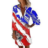 American Flag Dress for Women Plus Size Patriotic Dress for Women Sexy Casual Vintage Print with 3/4 Length Sleeve Deep V Neck Independence Day Dresses Vermilion Large