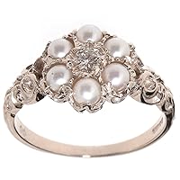 925 Sterling Silver Cultured Pearl & Real Diamond Womens Band Ring (0.09 cttw, H-I Color, I2-I3 Clarity)