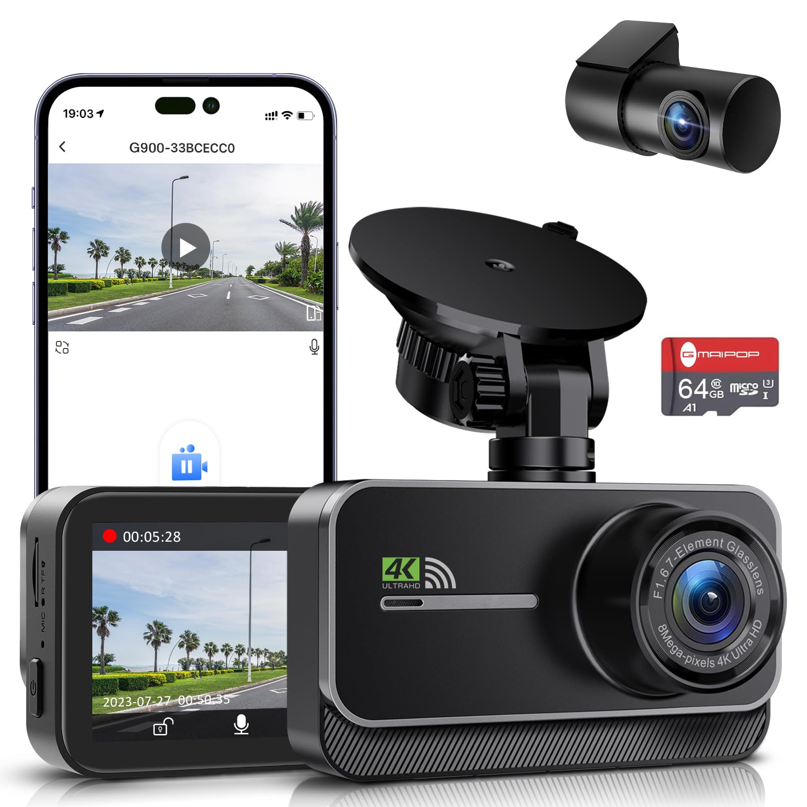 Dash Cam Front and Rear,4K+1080P WiFi Wireless Dash Camera for Cars with App, 3