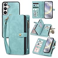 for Samsung Galaxy S24 Wallet Case with Card Holder, Detachable Magnetic Phone Case for S24,PU Leather All-Round Protective Phone Case Wallet with Wrist Strap,Blue