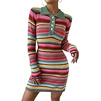 Sweater Dresses for Women 2023 Trendy Button Front Striped Pattern Rib-Knit Knee Length Sweater Dress