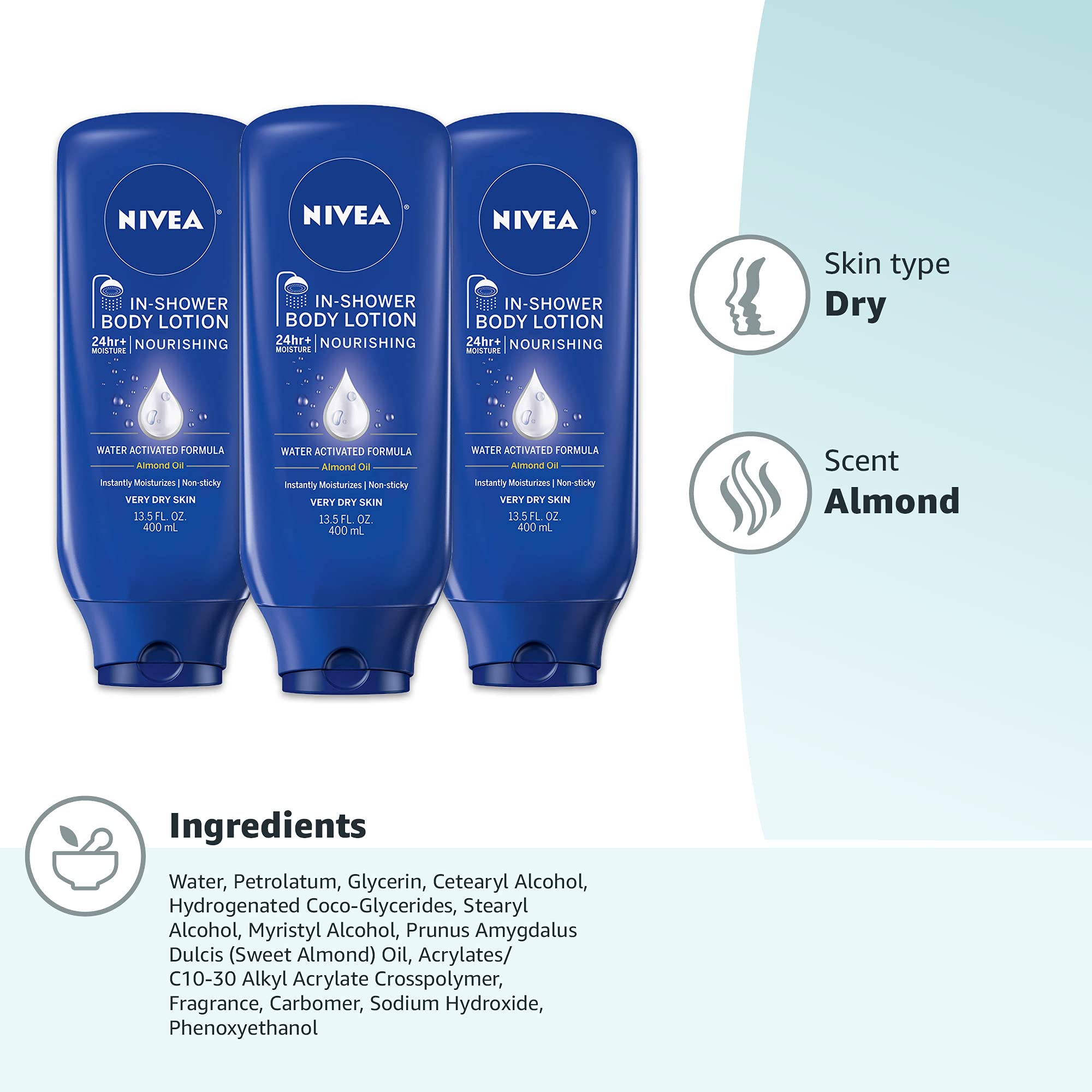 NIVEA Nourishing In Shower Lotion, Body Lotion for Dry Skin, 13.5 Fl Oz Bottle(Pack of 3)