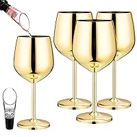 4 Pcs 18 oz Stainless Steel Wine Glass with 2 Wine Aerator Pourer Spout Stemmed Unbreakable Metal Wine Glasses Gold Goblet Champagne Glasses for Wedding Anniversary Party(Gold)