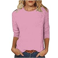 Prime Deals Womens Tops 3/4 Sleeve Shirts Round Neck Loose Fit Casual Blouses Elegant Summer Tshirts Three Guarter Length Tunics
