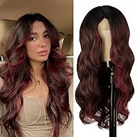 WECAN Red Wig for Women Long Ombre Burgundy Wavy Wig Middle Part with Dark Root Synthetic Hair Curly Wave Wig Natural Looking Heat Resistant Fiber Wig for Daily Party Use