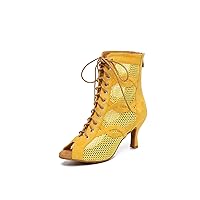Dance Boots Latin Tango for Womens Teen Girls Sexy Mesh Formal Party Evening Sandal Shoes L588 Yellow US 3.5