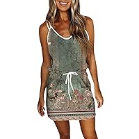 Sundresses for Women 2024 Summer Casual Loose V Neck Mini Dress Print Drawstring Pockets T Shirt Dress Oversized