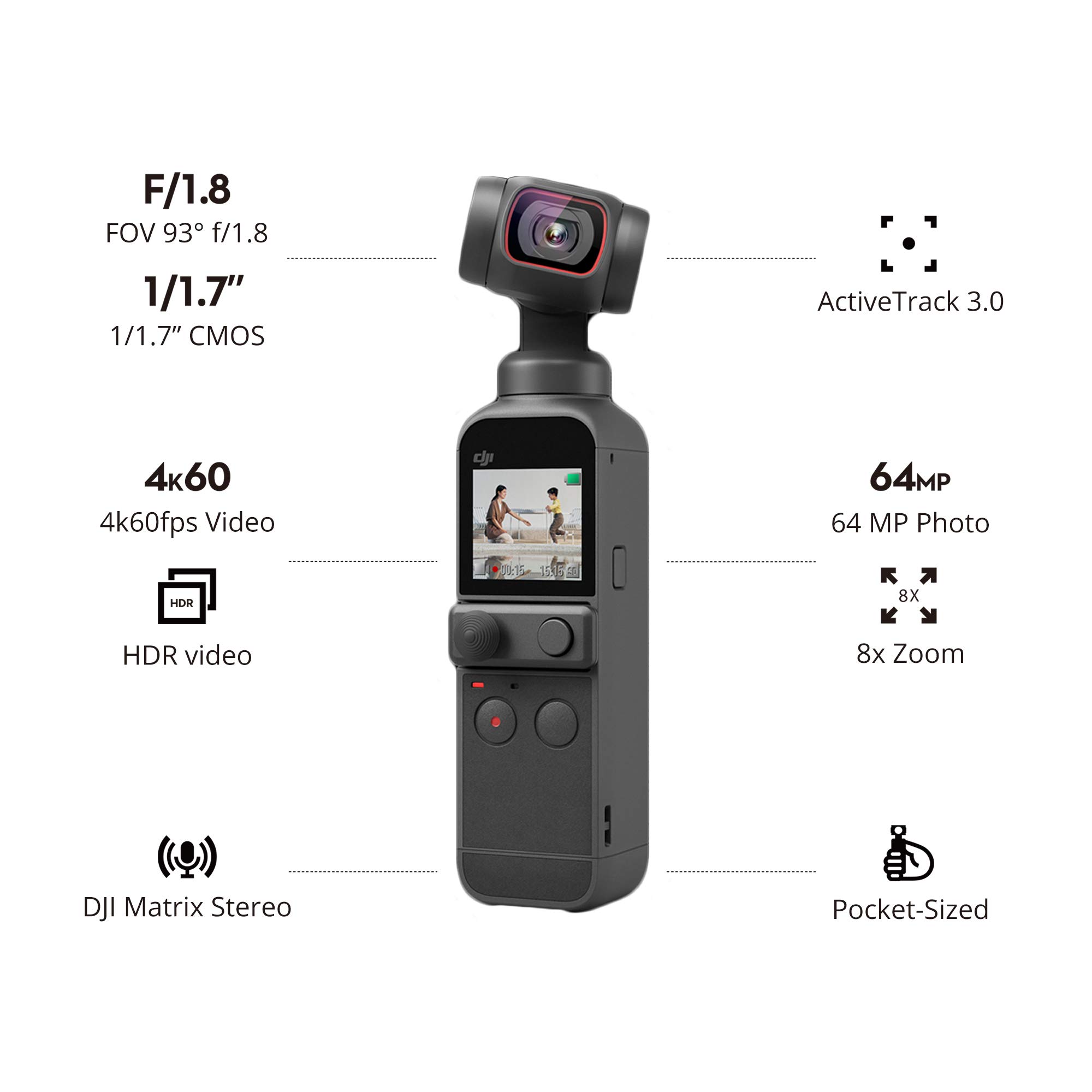 DJI Pocket 2 - Handheld 3-Axis Gimbal Stabilizer with 4K Camera, 1/1.7” CMOS, 64MP Photo, Pocket-Sized, ActiveTrack 3.0, Glamour Effects, YouTube TikTok Video Vlog, for Android and iPhone, Black