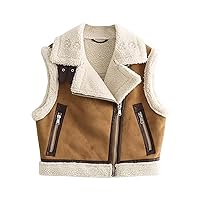 Womens Fashion Sherpa Vest Sleeveless Stand Collar Zip Up Cropped Moto Biker Coat Short Fleece Padded Gilet Outerwear