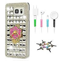 STENES Sparkle Case Compatible with Samsung Galaxy S22 Case - Stylish - 3D Handmade Bling Classic Lattice Grid Camellia Ring Stand Cover Case with Cable Protector [4 Pack] - White