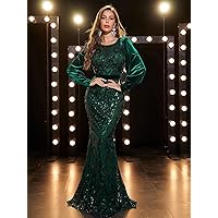 Women's Dress Velvet Lantern Sleeve Mermaid Hem Sequin Prom Dress Dress for Women (Color : Dark Green, Size : Medium)