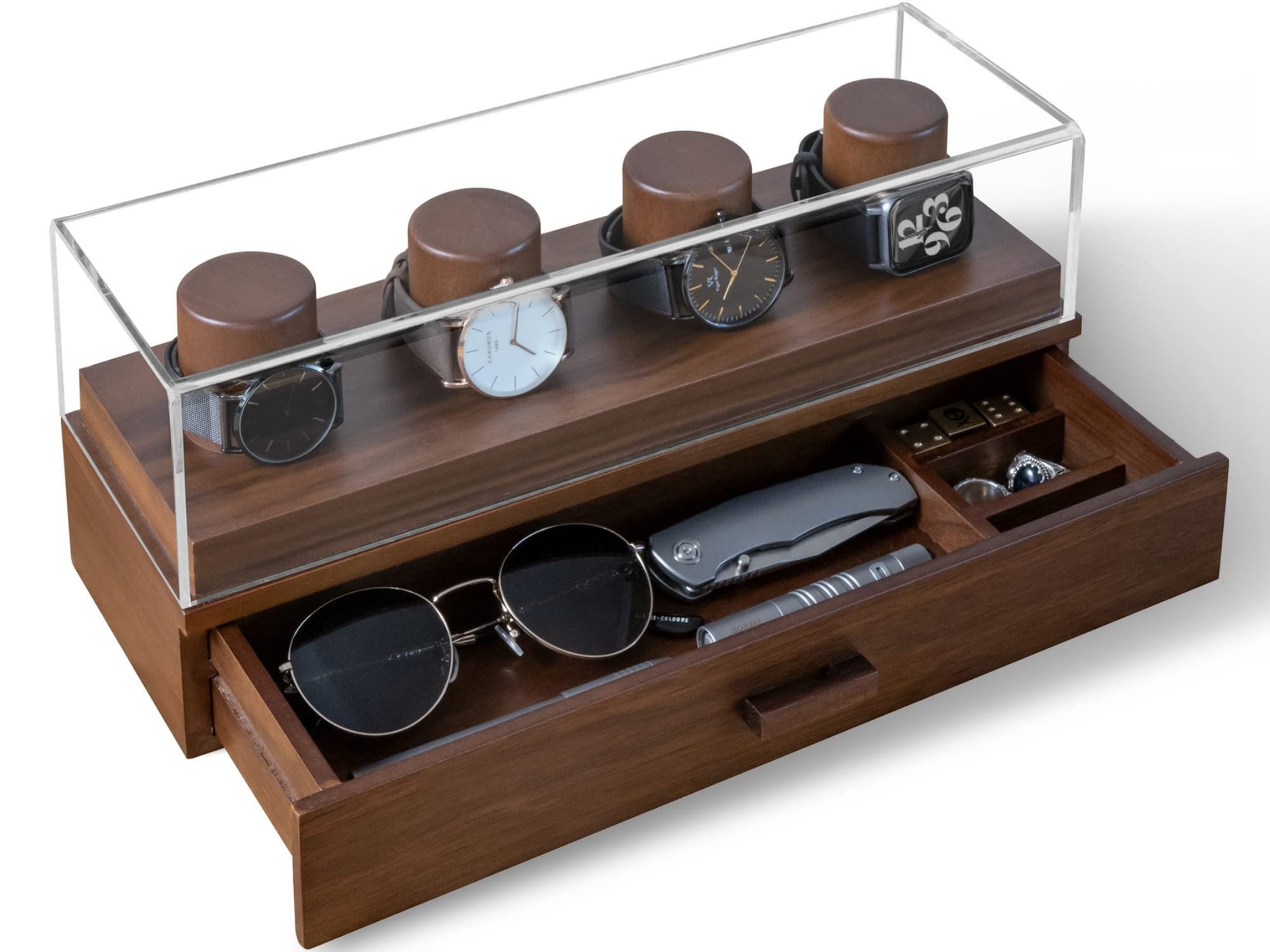 Watch Display Case with Rustic Brown Vegan Leather Padding for Protection - Sleek Walnut Wood Watch Holder to Show Off Watches - Watch Box for Men - Watch Display Case for Men - Mens Watch Case
