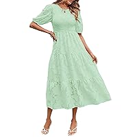 MEROKEETY Women's 2024 Summer Puff Sleeve Smocked Floral Dress Crewneck Lace Flowy Tiered Midi Dresses