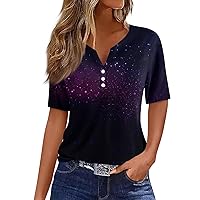 Shirts for Women,Womens Short Sleeve Tops Loose V Neck Button Boho Tops for Women Going Out Tops for Women