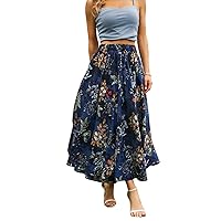 Maxi Skirts for Women with Pockets Long Midi Length Floral Casual Skirt for Beach Party Holiday (Blue Floral S)