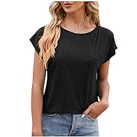 Summer Tops for Women 2024 Casual Cap Short Sleeve Basic T-Shirts Crewneck Fitted Solid Color Tee Blouse with Pocket