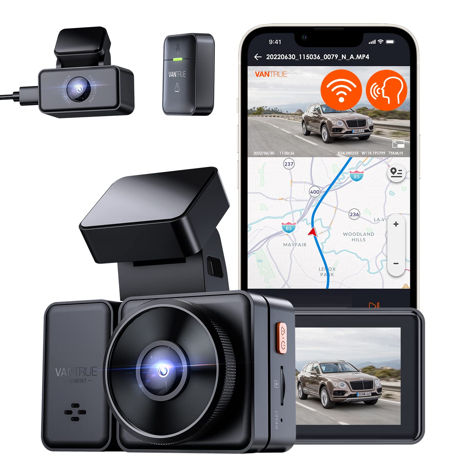 Vantrue E2 Dash Cam Front and Rear with Voice Control, 2.7K + 2.7K Dual Dash Camera for Cars, WiFi, GPS, STARVIS Night Vision, Buffered Parking Mode, G-Sensor, 2.45