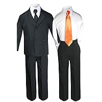 6pc Boy Black Vest Set Formal Tuxedo Suits with Satin Orange Necktie Baby to Teen