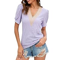 2024 Women Summer Tops Casual V Neck Lace Eyelet Tee Shirts Puff Sleeves Elegant Tunic Tops Fashion Loose Fit Blouse