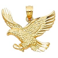 Eagle Pendant Solid 14k Yellow Gold Bird Charm Diamond Cut Fancy Polished Style 17 x 21 mm