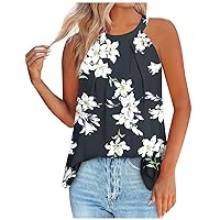 Tank Top for Women Keyhole Crew Neck Going Out Shirts Pleated Summer Casual Cute Floral Loose Fit Halter Blouse