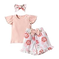 New Born Girls Set Toddler Kids Girl Clothes Infant Soild Ribbed Ruffle Sleeve Top Floral Prints First (Pink, 6 Months)