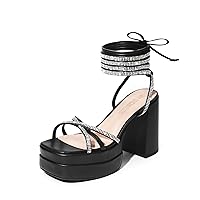 DREAM PAIRS Women's Lace Up Platform Heels Rhinestone High Strappy Chunky Sandal Y2K Shoe for Club Party Date Prom