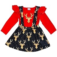 Little Girls 2 Pieces Skirt Set Reindeer Holiday T-Shirt Top Suspender Dress Set