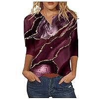 Women's 3/4 Sleeve Shirts Elegant Rose Printed Graphic Tees,Dressy Button Down Blouses Casual Loose Fit Summer Tops