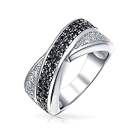 Bling Jewelry Two Tone Black And White Pave Cubic Zirconia CZ Criss-Cross X Band Ring For Women For Girlfriend .925 Sterling Silver