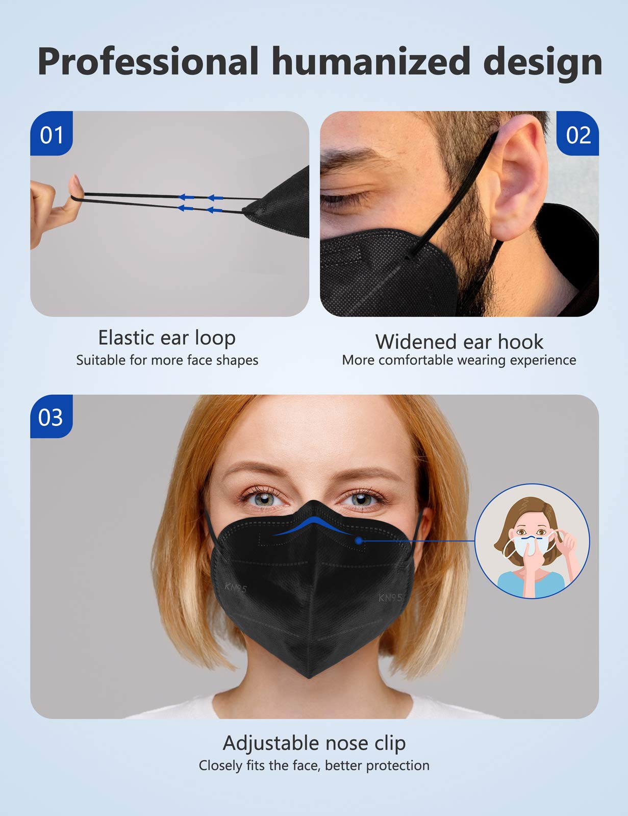 Boncare KN95 Face Mask 30 PCs, 5-Layer Black Face Mask for Men & Women Filter Efficiency≥ 95%, Breathable and Comfortable, Black