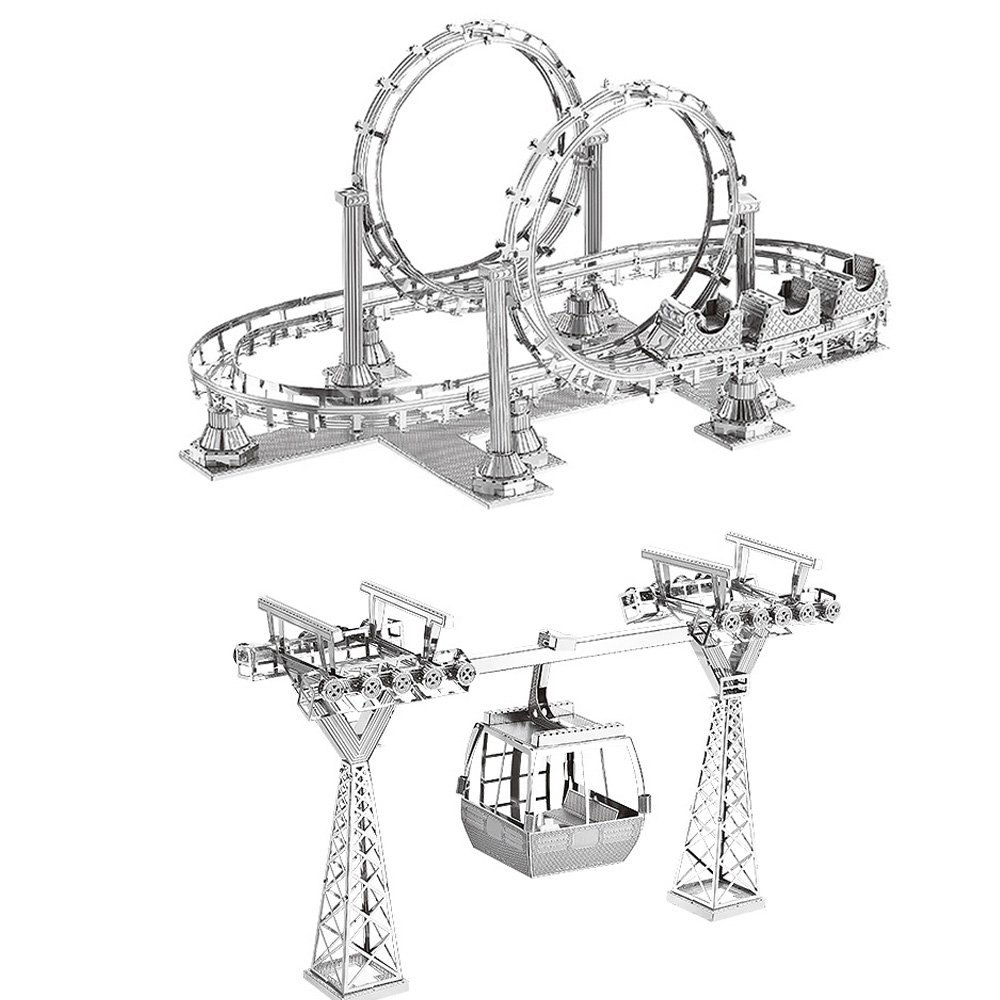 2pcs MoTu 3D Metal Puzzle Roller Coaster + Cable Car Model Kits F31104-05 DIY 3D Laser Cut Jigsaw Toys