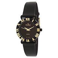 Peugeot Women Midnight Black Watch with Raised Gold Roman Numerals Bezel and Black Strap